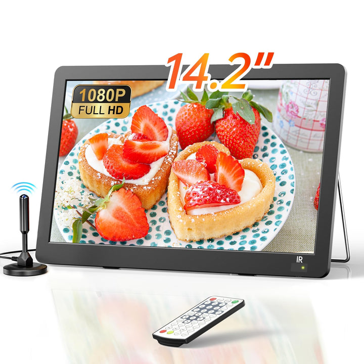 DESOBRY 14.2 Zoll Tragbare Fernseher, 1080P wiederaufladbare mit DVB-T2-Tuner, Outdoor-TV-Unterstütz