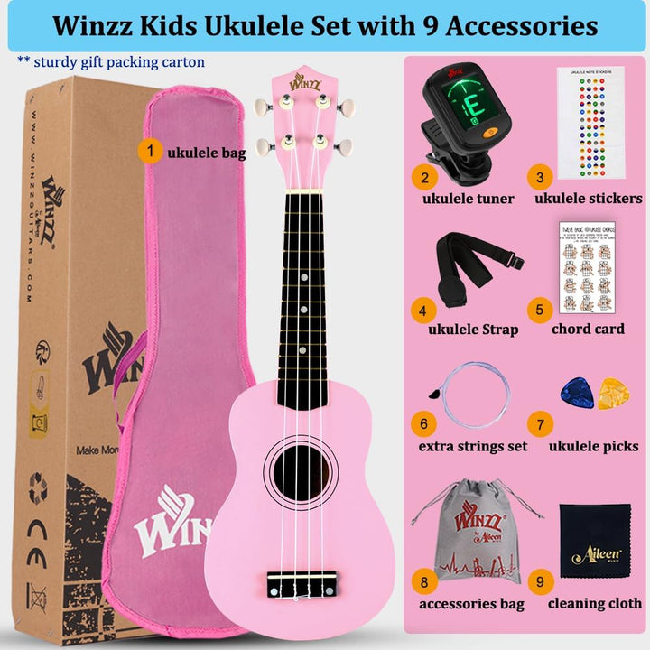 Winzz Sopran Ukulele Starter Kit für Anfänger mit Tasche, Clip-On Tuner, Zusätzlichen Saiten, Gurt,