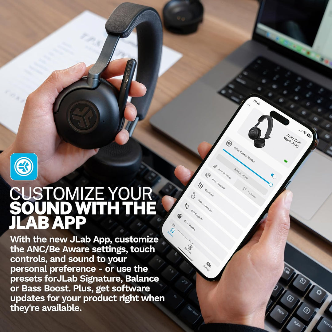 JLab Epic Work ANC Headset mit Mikrofon Bluetooth, Smart Active Noise Cancellation, 90+ Std. Akku, W