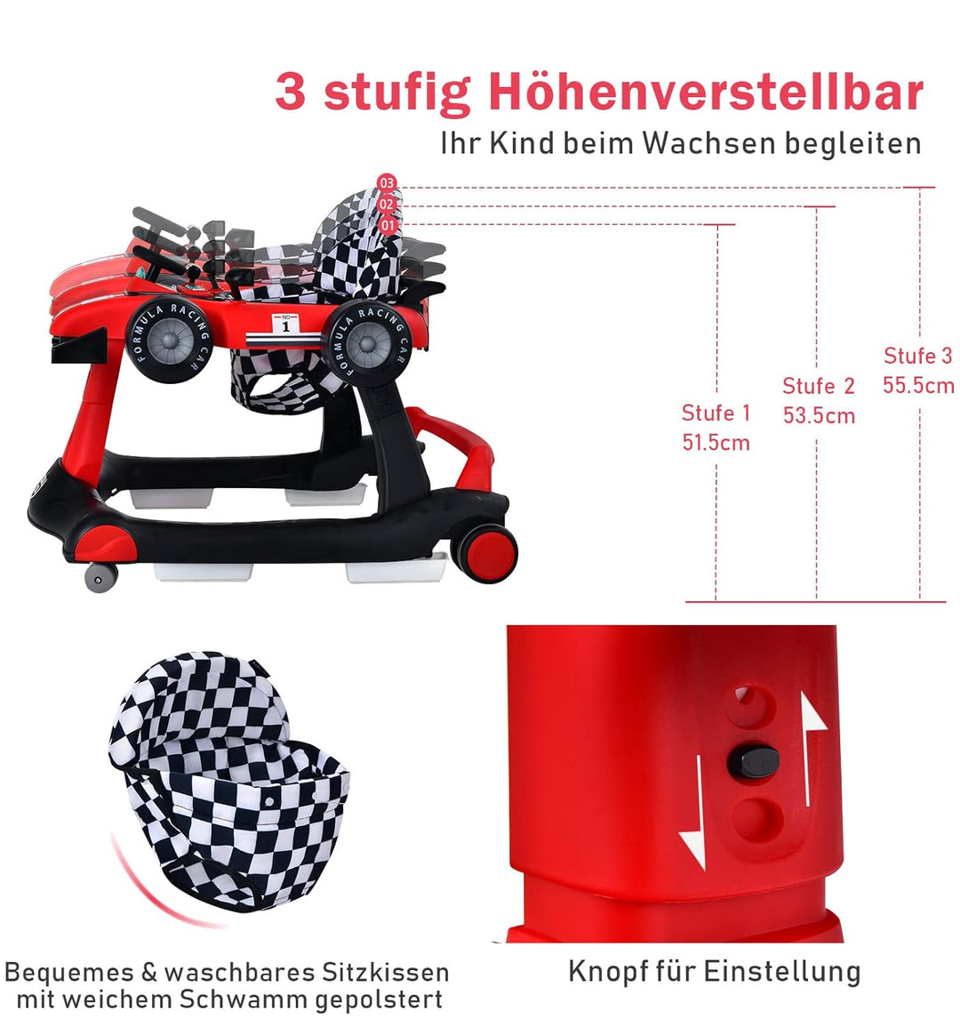 DREAMADE Lauflernhilfe, 4 in 1 Autoförmiger Lauflernwagen mit einstellbarer Geschwindigkeit, Musik &