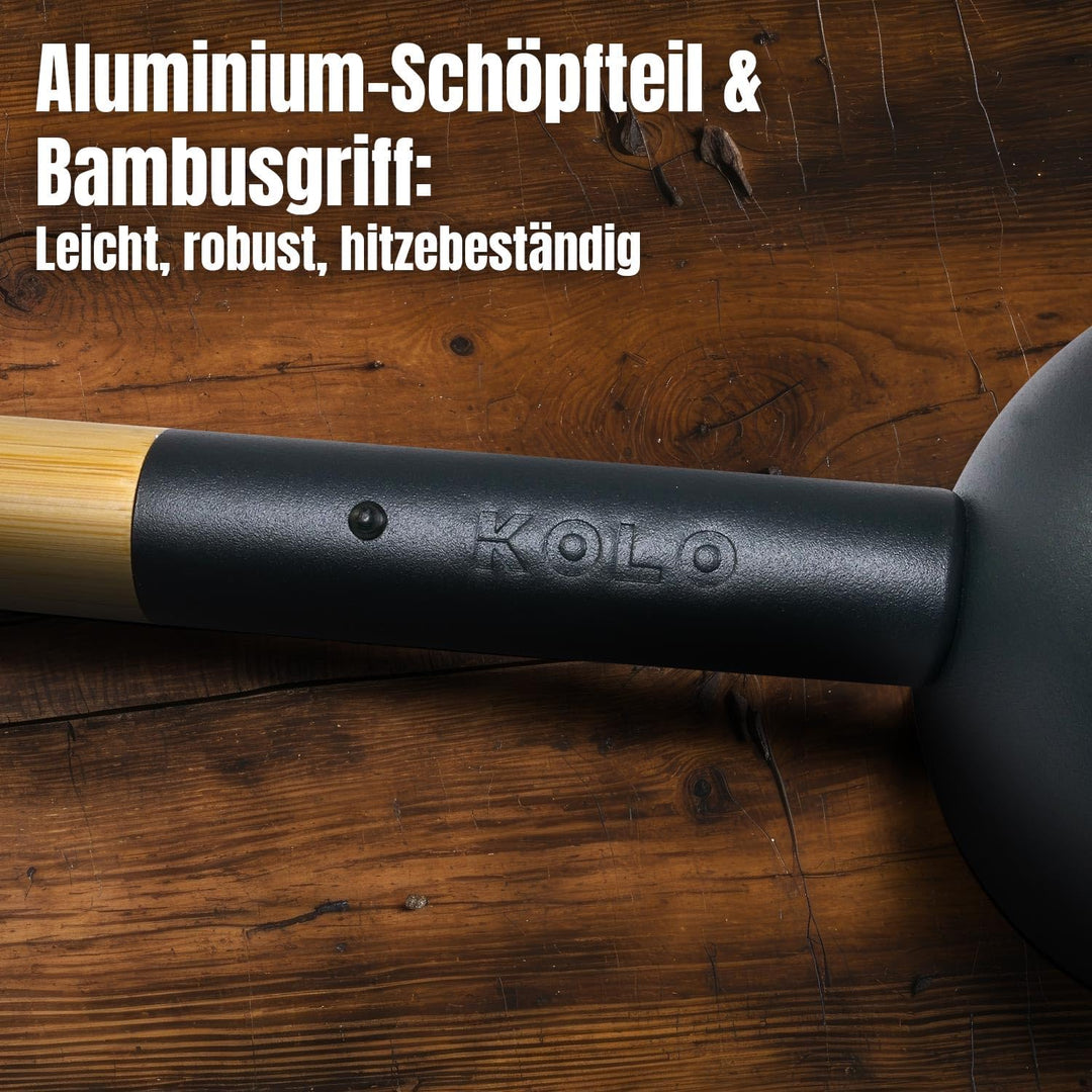 KOLO Saunakelle Typ 2 - Aufgusskelle 300ml Aluminium Schwarz - 43cm Bambusgriff - Sauna Kelle - Made