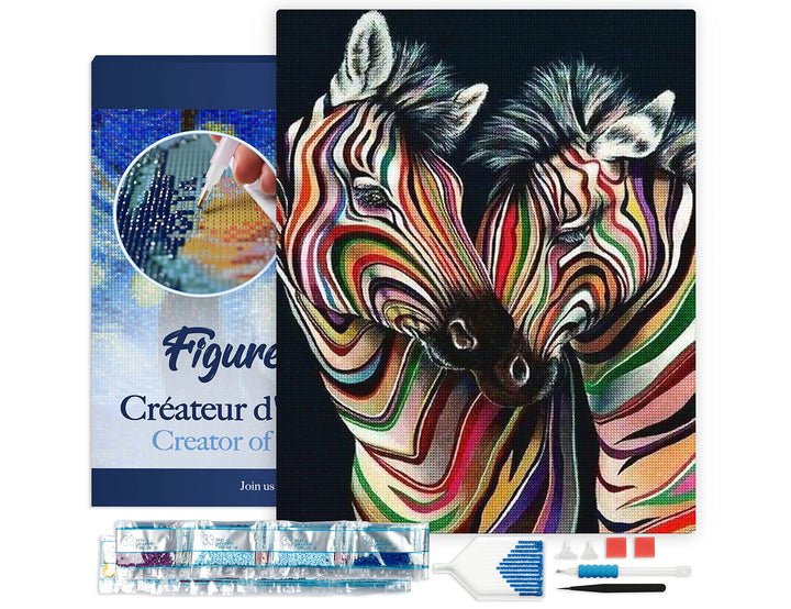 Figured'Art Diamond Painting Erwachsene 40x50cm Mit Rahmen Ganze Leinwand gespannt Buntes Zebrapaar