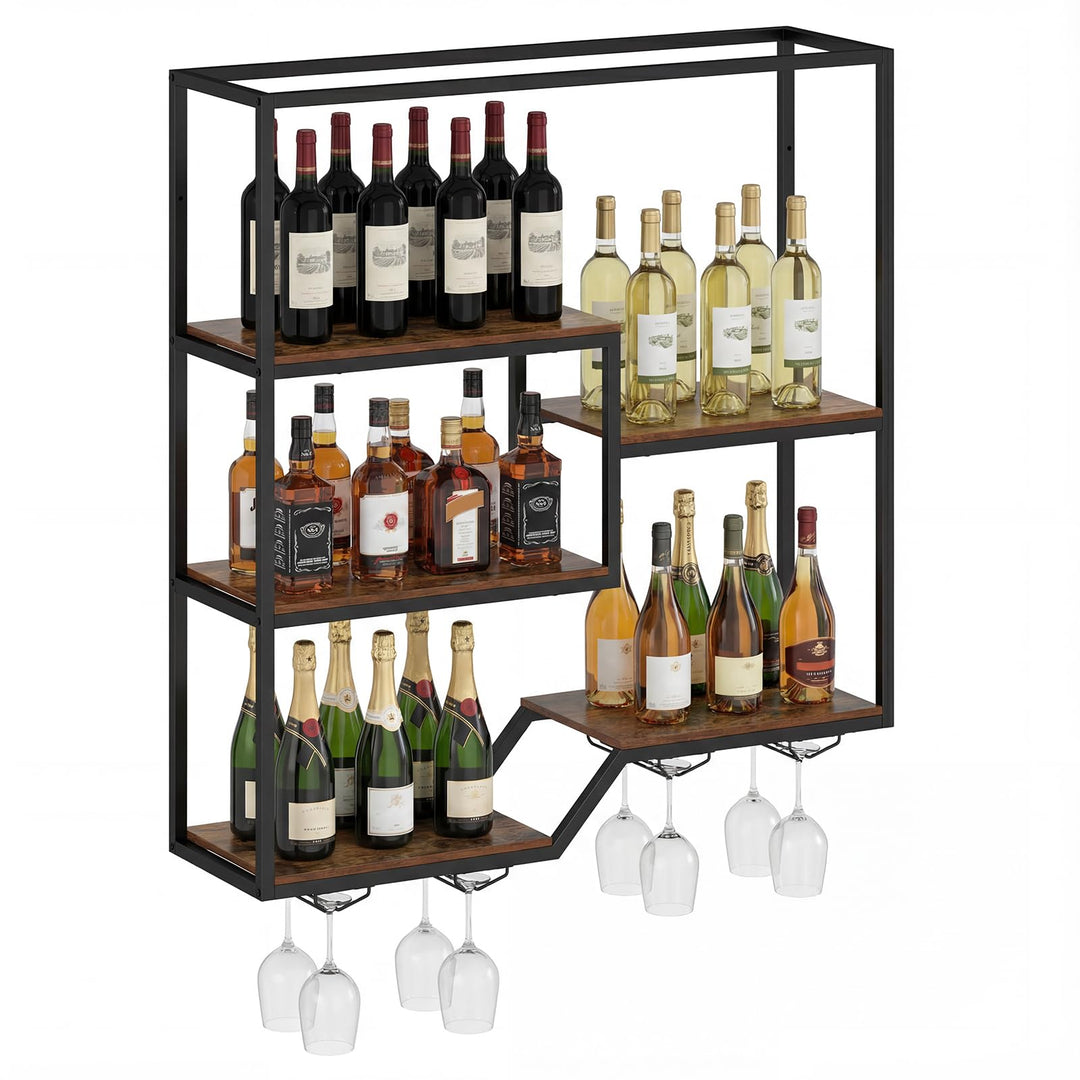 COSTWAY Weinregal Wand, Bar Regal mit 6 Regalböden & 4 Glashalter, Flashenregal Metall, Weinflaschen