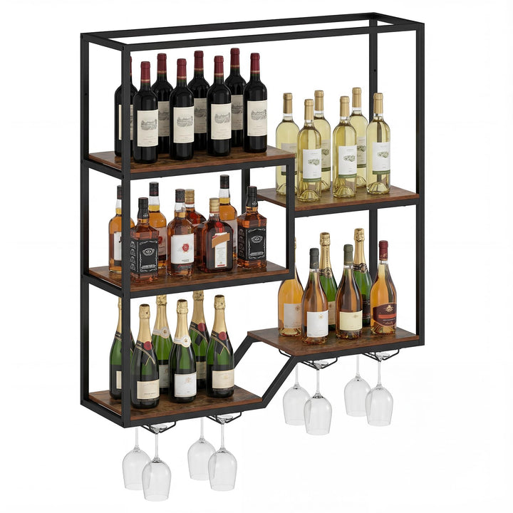 COSTWAY Weinregal Wand, Bar Regal mit 6 Regalböden & 4 Glashalter, Flashenregal Metall, Weinflaschen