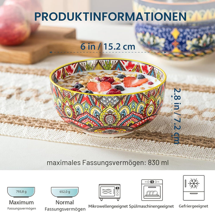 Henten Home Müslischalen 6er Set, 830ml Keramik Suppenschalen, Servierschalen mit Doppelseitigem Mus