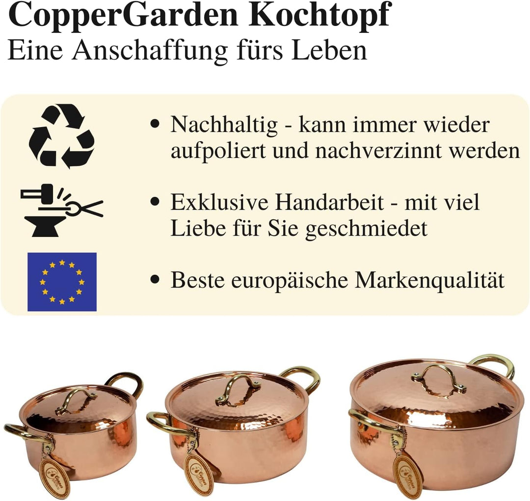 CopperGarden Kupfertöpfe 3er Set mit Deckel & Messinggriffe I Gehämmerte Kupferkochtöpfe: Ideale Wär