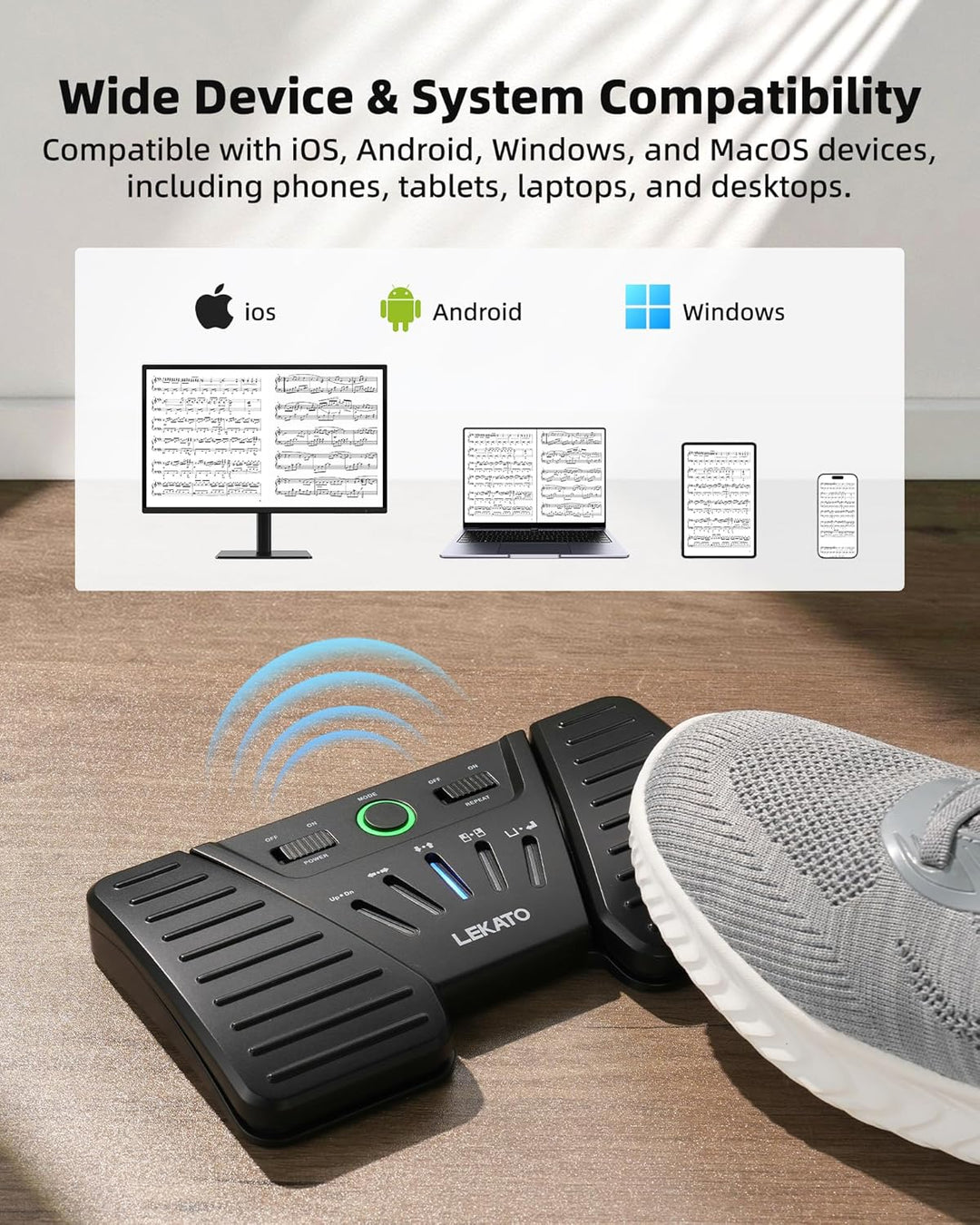 LEKATO Bluetooth Page Turning Pedal, Drahtloser Page Turner, Wiederaufladbarer Seitenwender für Smar