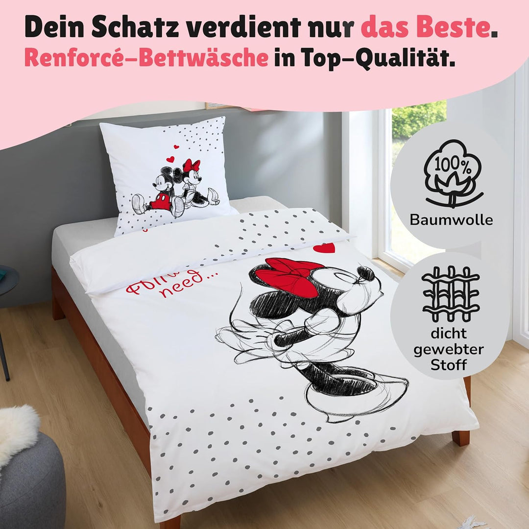Wende-Bettwäsche Set Disney Classic Mickey und Minnie Mouse in Love 135x200 80x80 cm aus 100% Baumwo