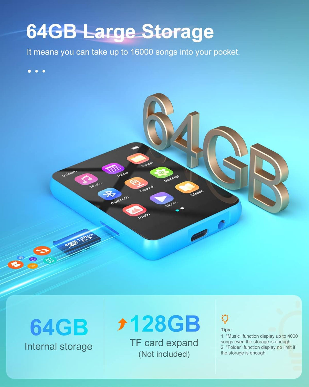 64GB MP3-Player mit Bluetooth 5.0, joliker Tragbarer HiFi-Sound Musik Player, 2,4 Zoll Farbbildschir