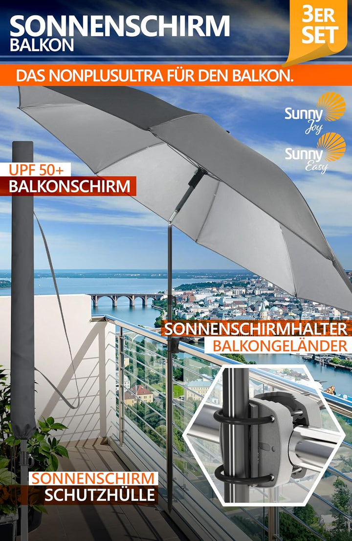 4smile Sonnenschirm Balkon SunnyJoy, 3-in-1 SET, Anthrazit - UPF 50+ Sonnenschirm Ø 180 cm + Sonnens