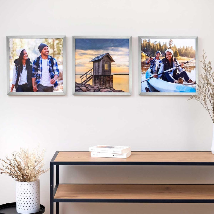 PHOTOLINI Bilderrahmen 30x30 cm Silber MDF-Holz, 3er Set Posterrahmen, bruchsicheres Acrylglas, zum