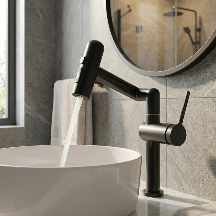 Waschtischarmatur Schwarz, 360° Drehbar mit 4 Wassermodi, Wasserhahn Bad aus 304 Edelstahl, Schwenka