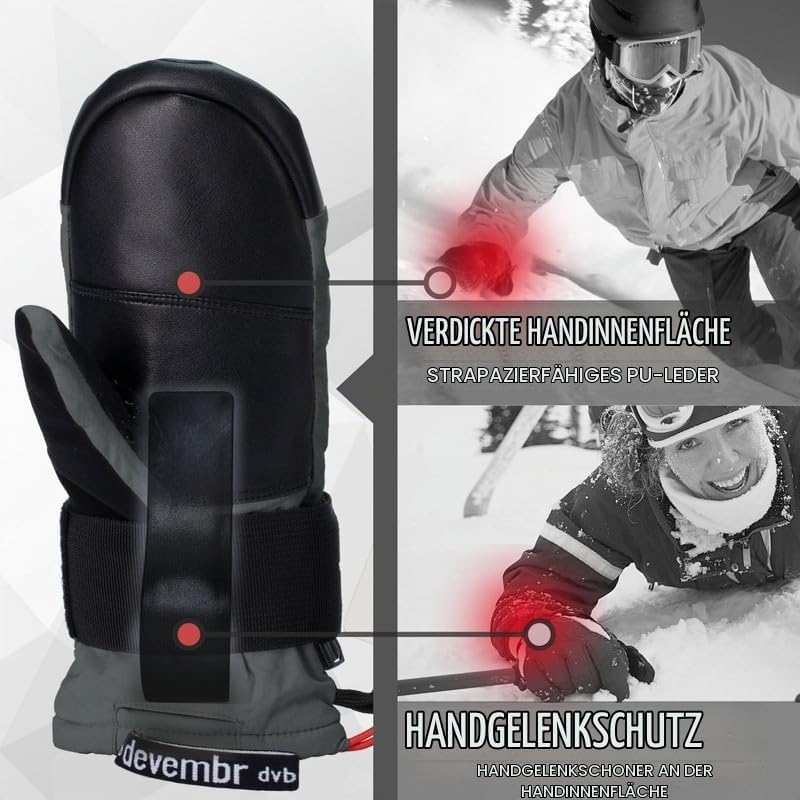 devembr Ski-Fäustlinge mit Handgelenkschützern, Warme Snowboard-Fäustlinge, Wasserdicht (S/M/L) Grau
