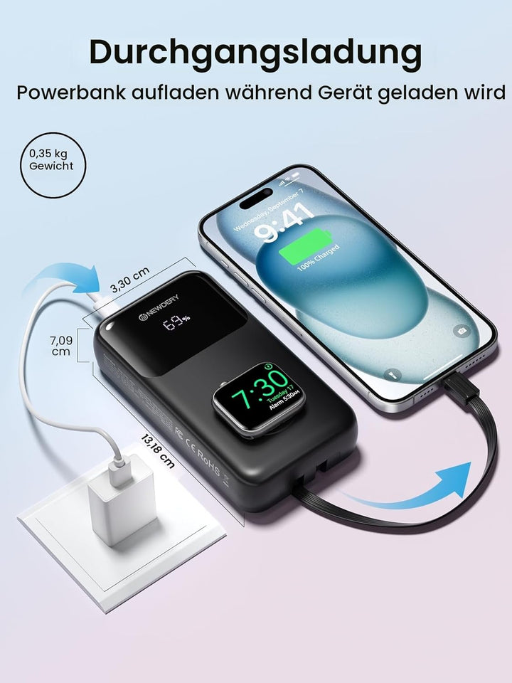 NEWDERY Powerbank für Apple Watch & iPhone Ladegerät 20000mAh Drahtloses Ladestation Power Bank, Sch