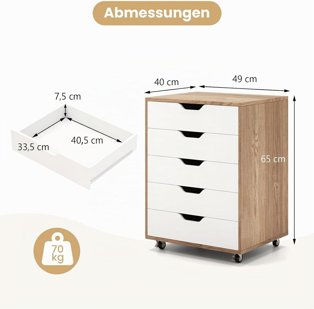 GOPLUS Schubladenschrank mit Rollen, Rollcontainer mit 5 Schubladen, Griffmulden, mobiler Aktenschra