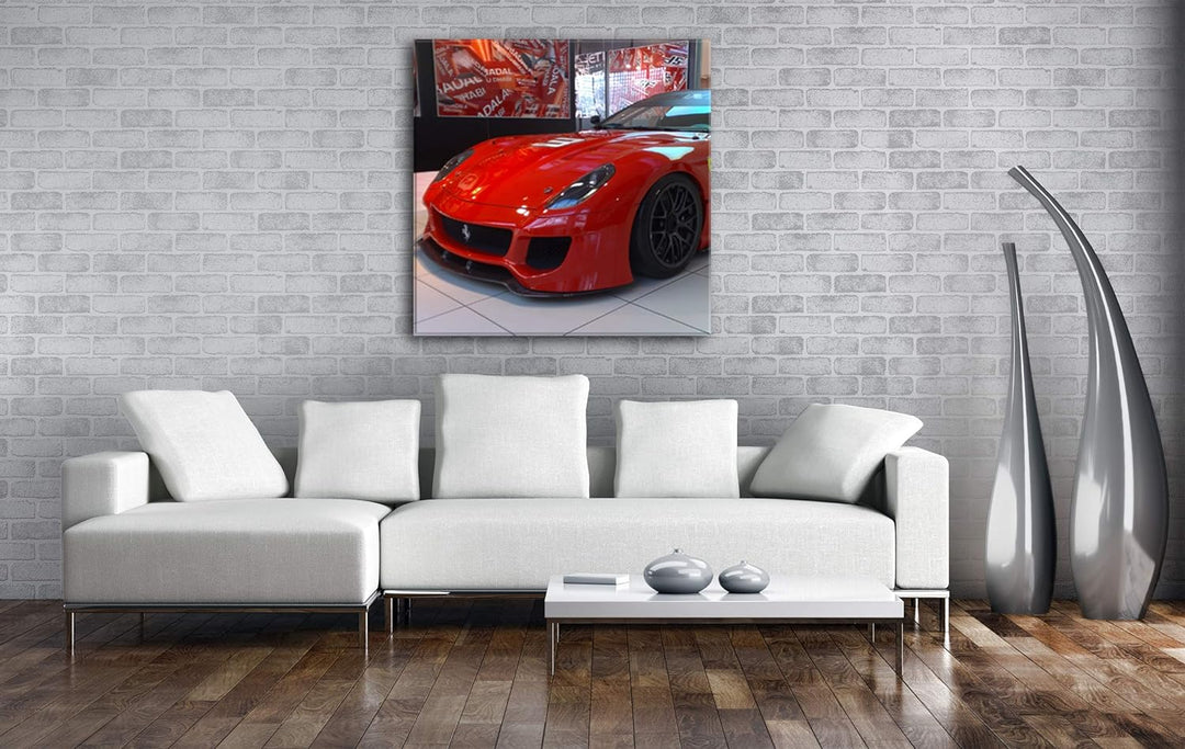 deyoli Roter Ferrari in Einer Ausstellung Format: 70x70 als Leinwandbild, Motiv fertig gerahmt auf E