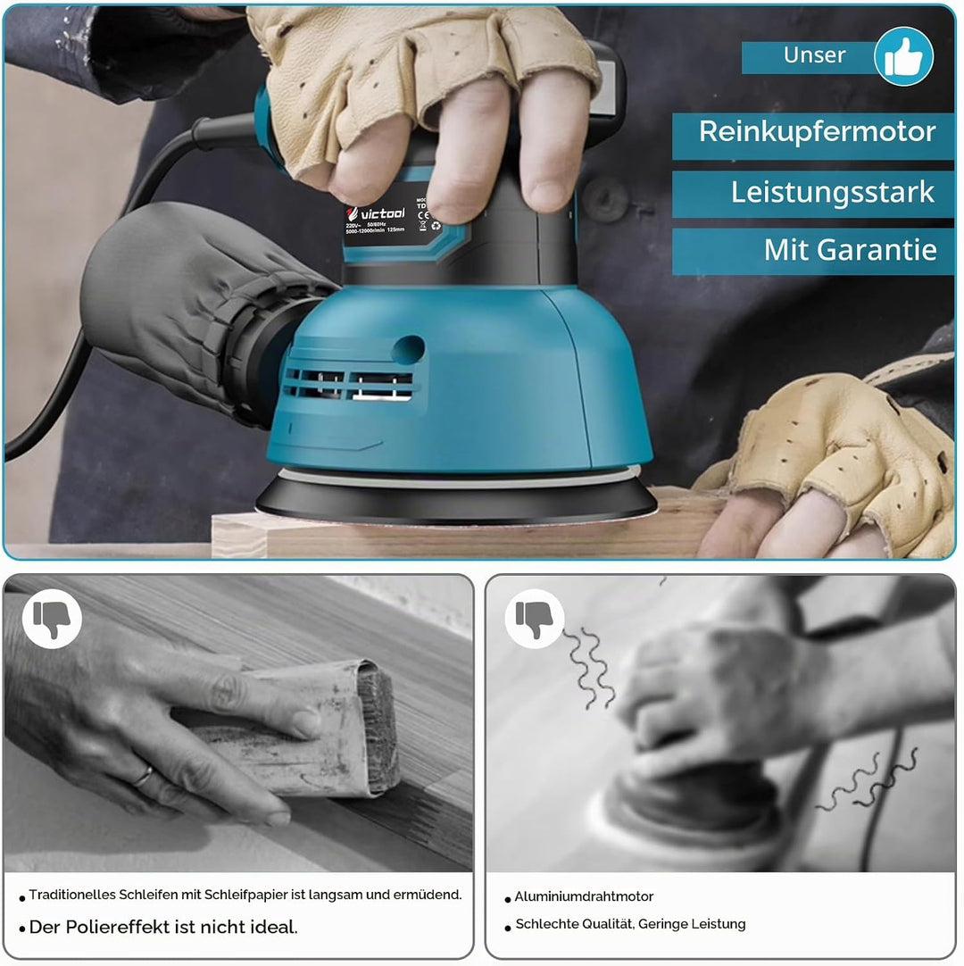 Exzenterschleifer 300W, 6 Geschwindigkeiten 12.000 U/min, Staubsammeldesign, 125mm Eccentric Sander