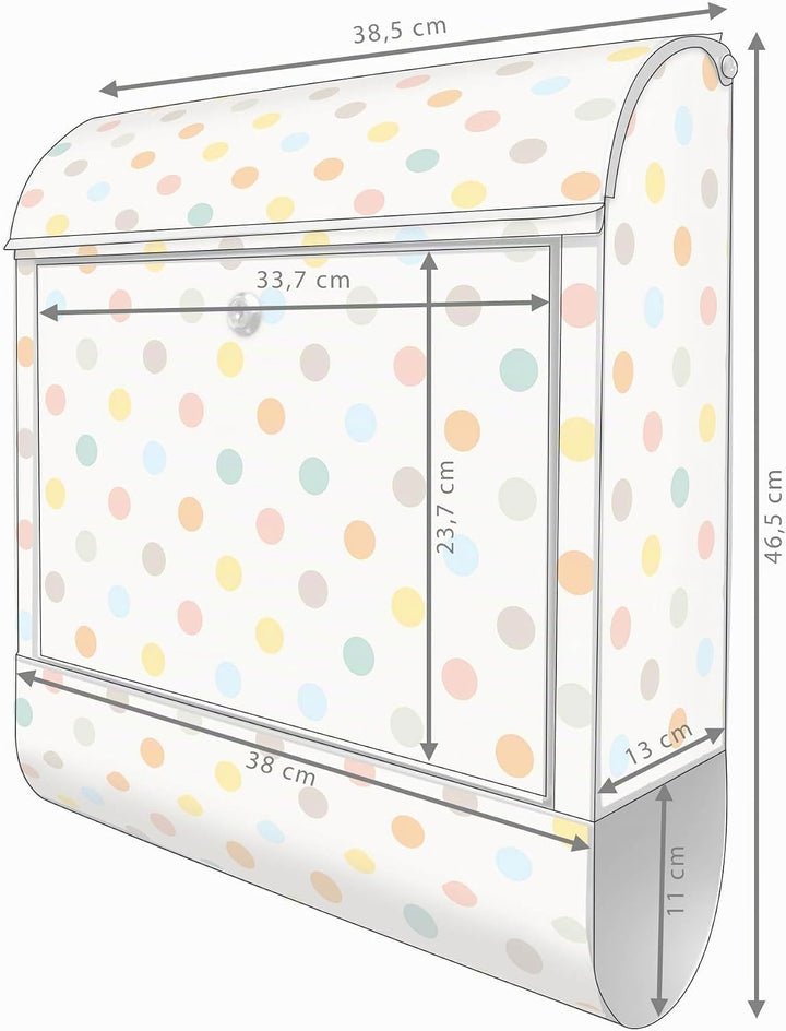 banjado® Design Briefkasten mit Motiv Bunte Punkte 39x47x14cm &amp; 2 Schlüssel - Briefkasten Stahl Silb
