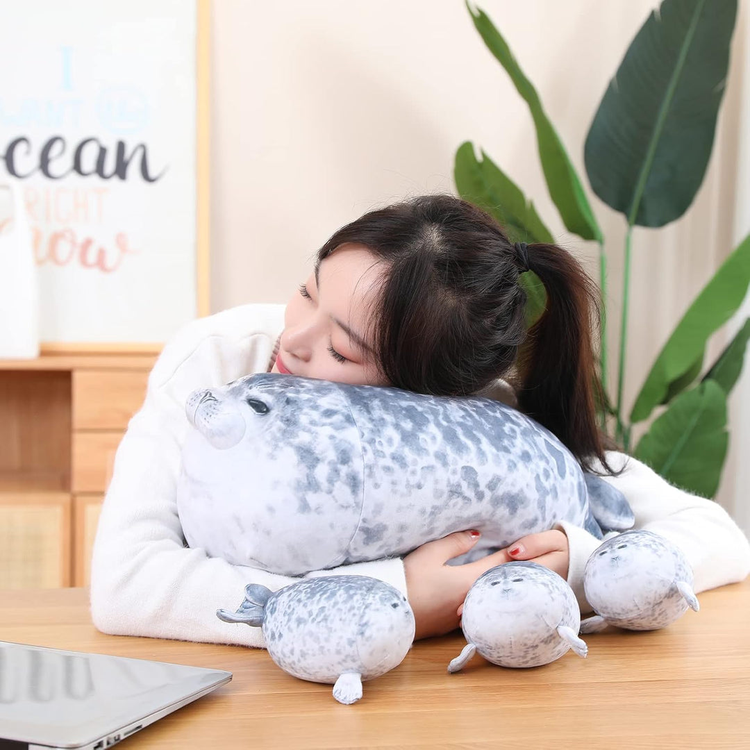 SQEQE Chubby Seal Pillow Plush with 4 Baby Seal Plushies in her Tummy, Stuffed Cotton Plush Animal T