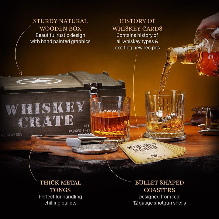 Whisky Geschenkset – Whiskey Gläser, Kugeln Steine und Untersetzer, Eiszange, Holzkiste, Geschichts-
