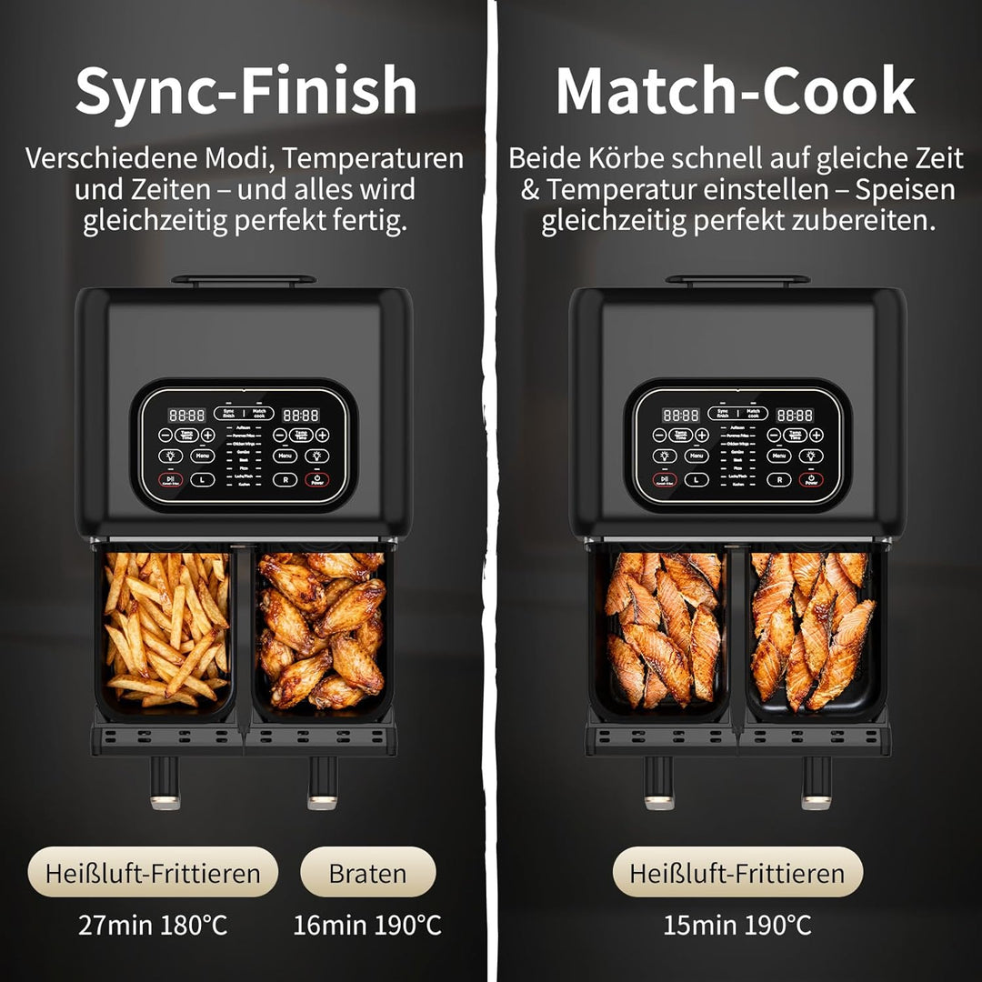aeco FryQ ELITE Duo XL8 Heissluftfritteuse2 Kammern | Dual Zone Airfryer 8L gesamt | Mit Sichtfenste