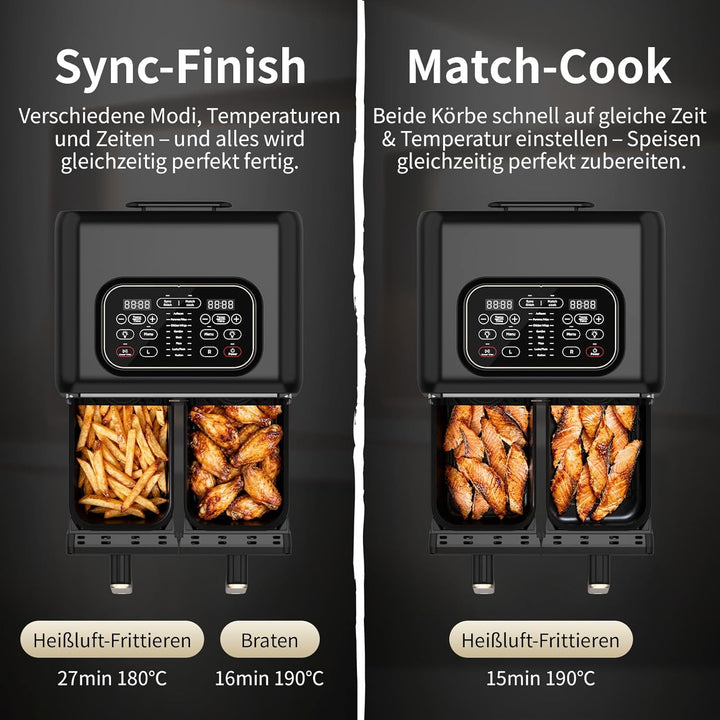aeco FryQ ELITE Duo XL8 Heissluftfritteuse2 Kammern | Dual Zone Airfryer 8L gesamt | Mit Sichtfenste