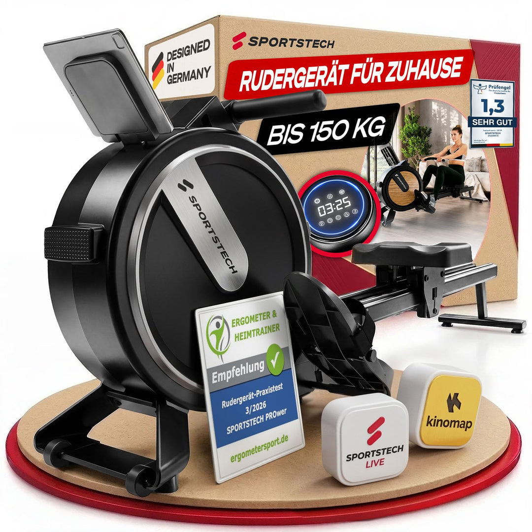 Sportstech PROwer Rudergerät für Zuhause, 32 Stufen Magnetwiderstand, LED Display, Dual Slide Rail,