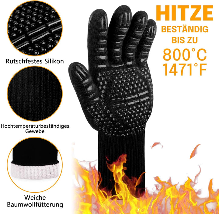 Reinalin Grillhandschuhe Hitzebeständig bis 800°C, Ofenhandschuhe Topfhandschuhe Feuerfeste Handschu