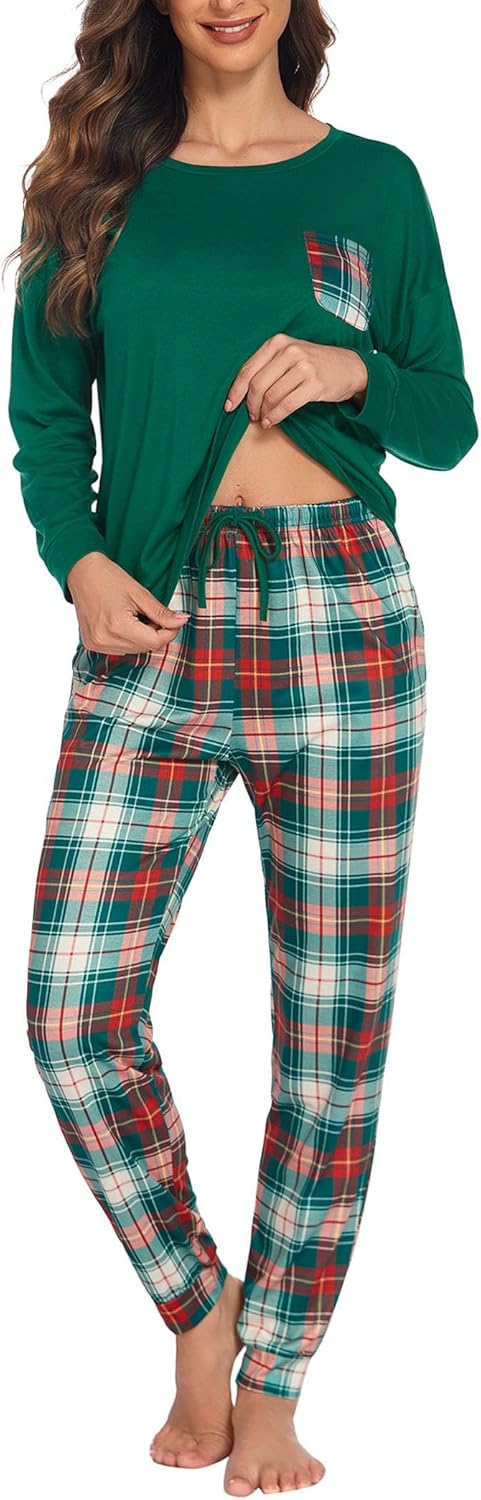 Ekouaer Schlafanzug Damen Lang Zweiteiler Pyjama Langarm Warm Pyjama Set Weich Nachtwäsche Kariert,