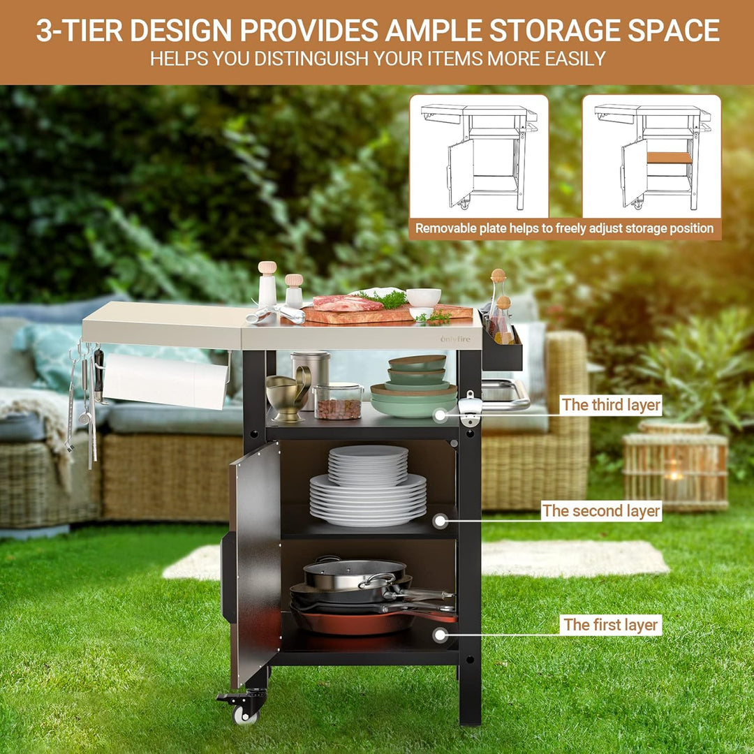 onlyfire Grilltisch Outdoor, Grillwagen mit Abklappbare Seitenablagen, Outdoor Servierwagen mit Roll