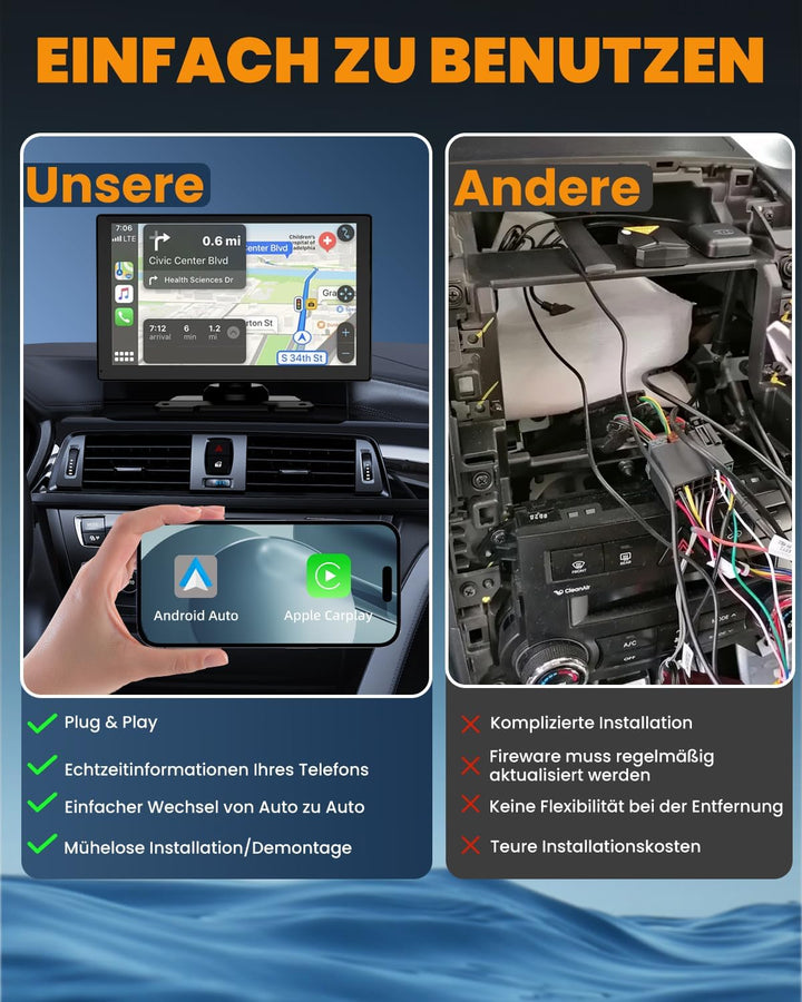 Carplay Display, 9" Apple carplay, Android Auto Display mit 1080P HD Rückfahrkamera & Frontkamera, G
