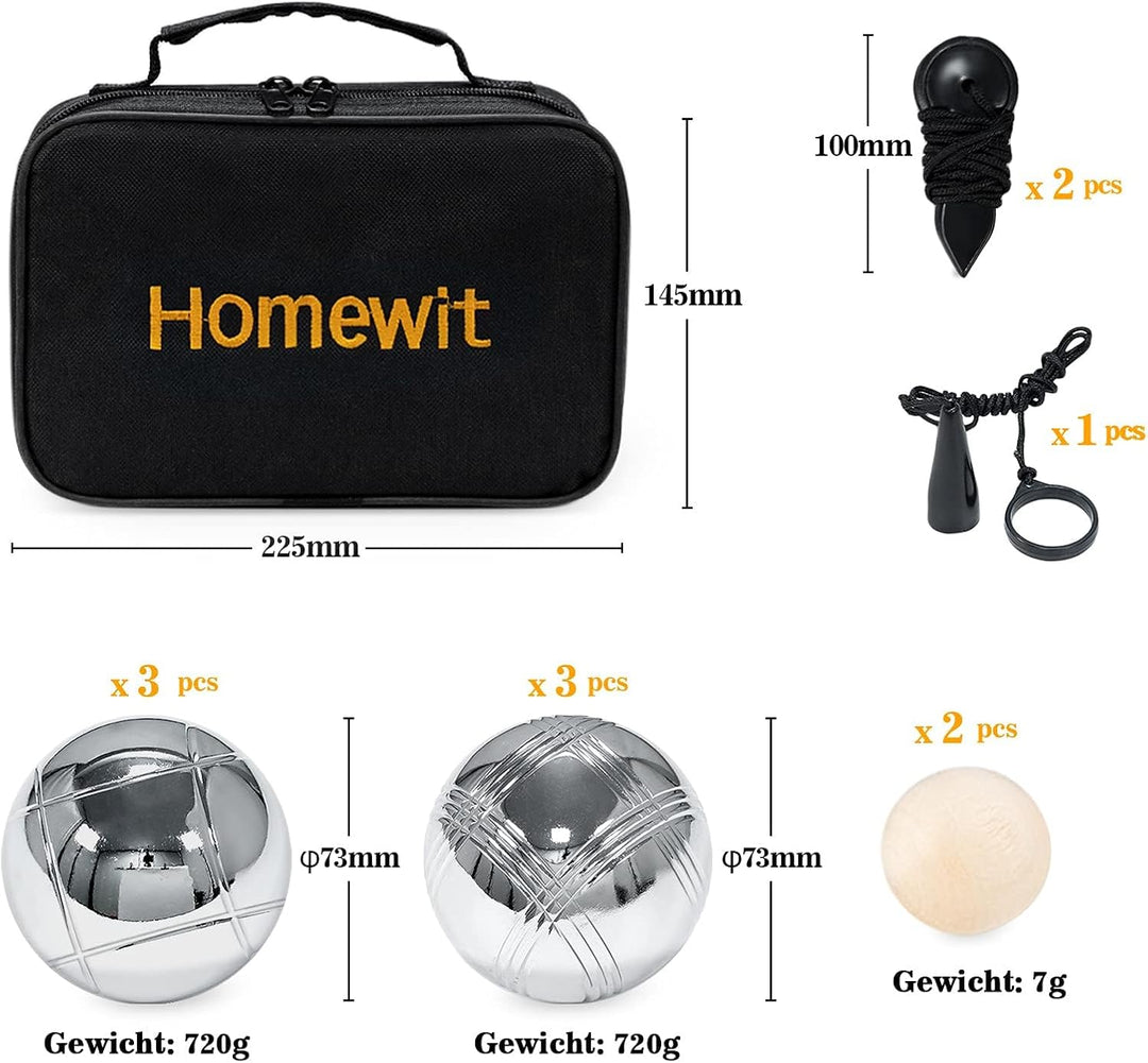 Homewit Boule Set mit 6 Metall Kugeln, Boccia & Petanque Spiel mit Tragetasche, Gartenspiel Outdoor