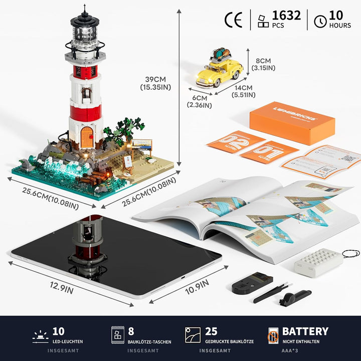 Sunrise Leuchtturm Bauset – 1632 Teile Küsten-Leuchtturm mit 360° Chasing-Licht, Vintage Beetle Auto