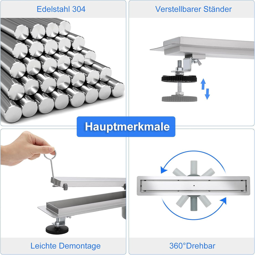 Duschrinne Befliesbar 60cm Gebürstet, 360° Siphon mit Geruchsstop und Haarsieb, 304 Edelstahl Ablauf