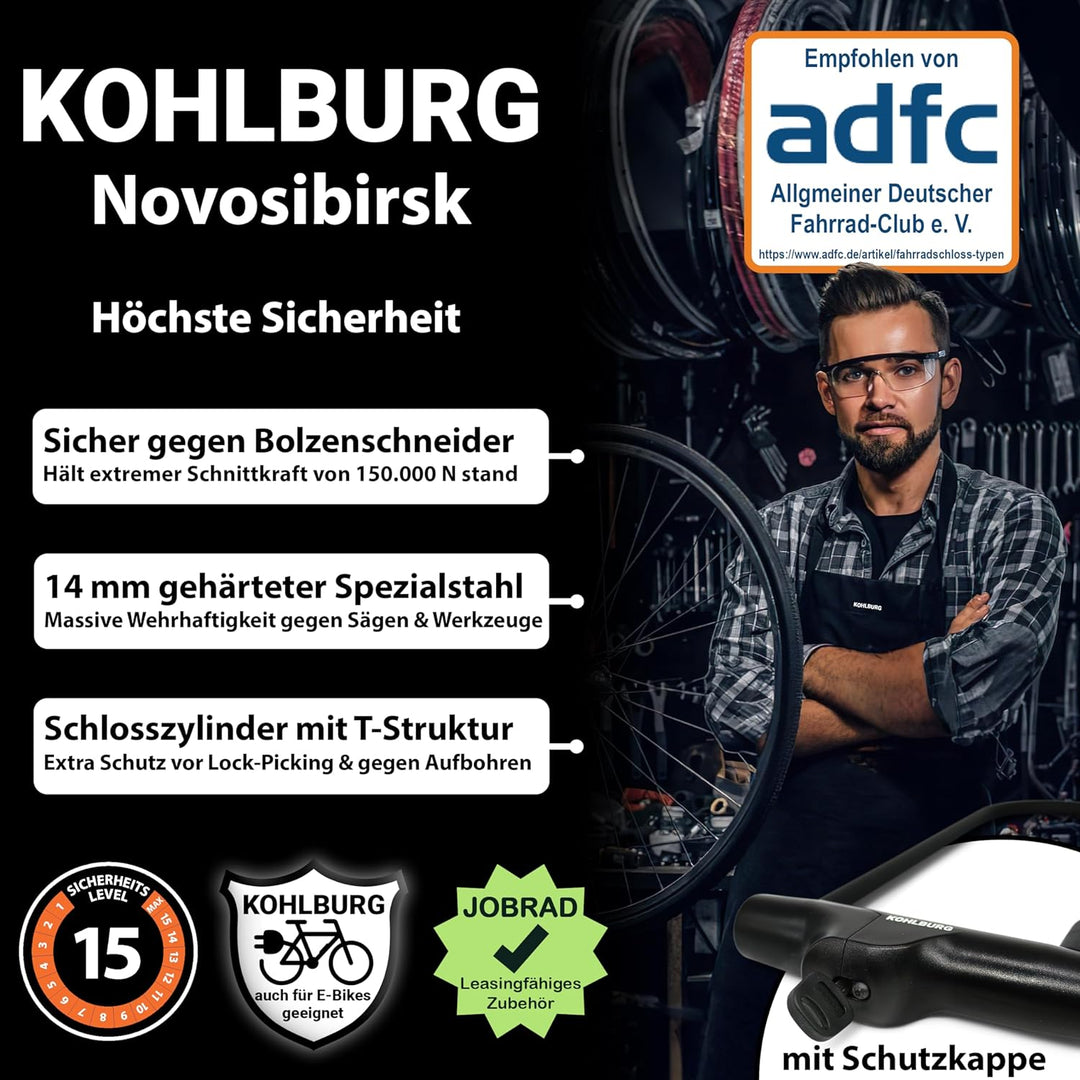 KOHLBURG Sicherheits- Bügelschloss mit höchster Sicherheitsstufe 10/10 - sicheres Fahrradschloss mit