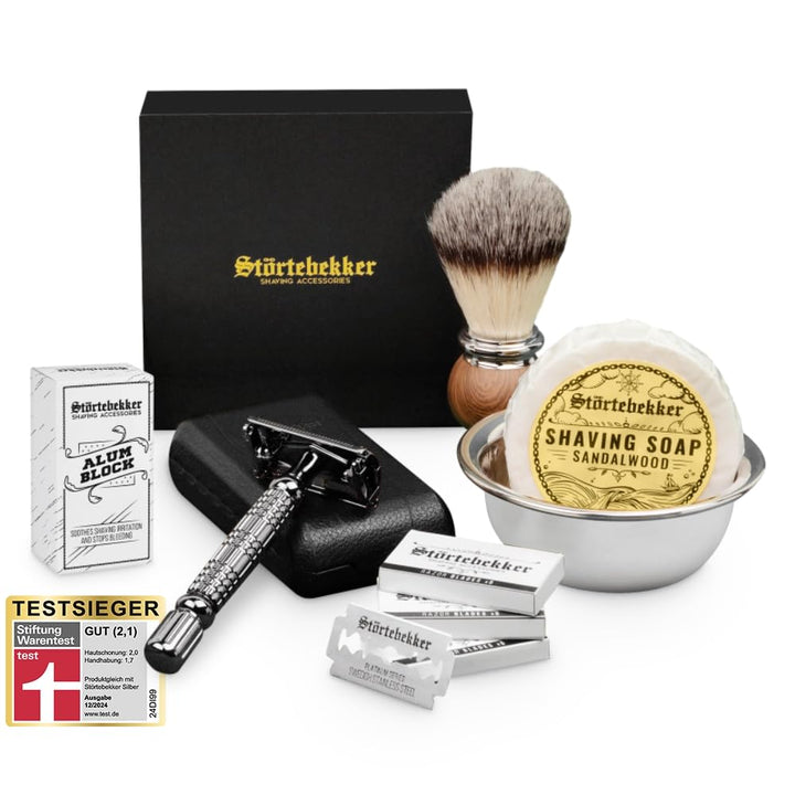 Störtebekker® Premium Rasierhobel Set für Herren im handgefertigten Lederetui - Rasierset mit Rasier
