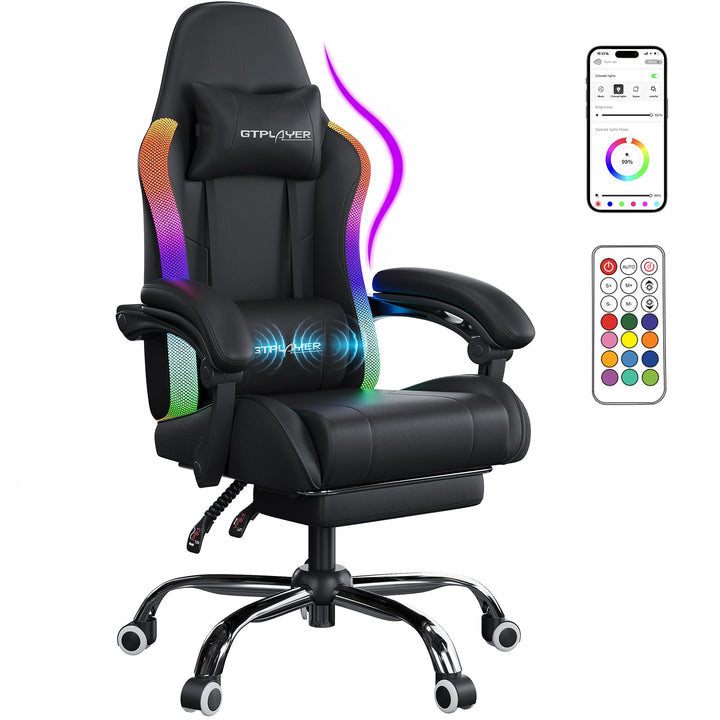 GTPLAYER Gaming Stuhl, Bürostuhl, Gaming Chair mit LED Lichtleiste und Massgefunktion, Gamer Stuhl,