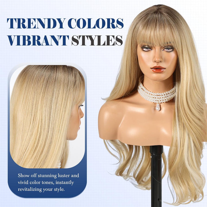HAIRCUBE Lange blonde Perücke mit Pony, geschichtete lockige Perücken für Frauen, natürliche synthet