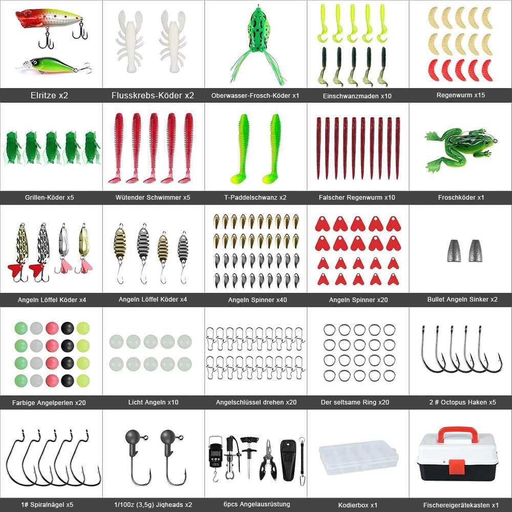 Angelzubehör Set,213 Pcs Angelköder Set und Werkzeugset mit Lippenclips, Hakenentferner, Angelkoffer