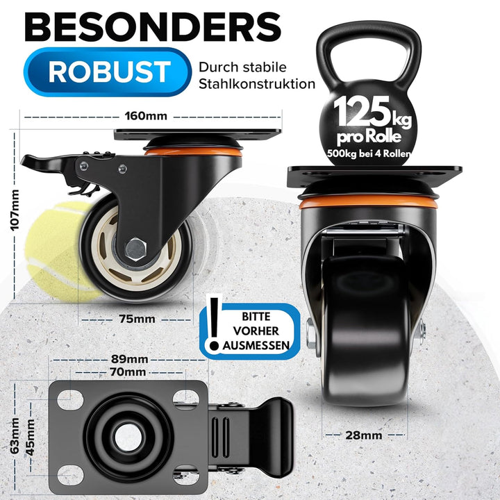PEARWAY™ Premium Lenkrollen 75mm mit Bremse [4x gesamt 500kg] inkl. Montagezubehör I Robuste Transpo