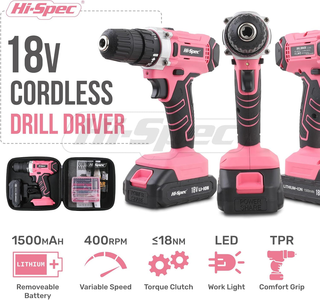 Hi-Spec 58-tlg. 18V-Akkubohrer in Pink Rosa mit S2 Bit Satz. DIY Akkuschrauber, Bohrmaschine für Met