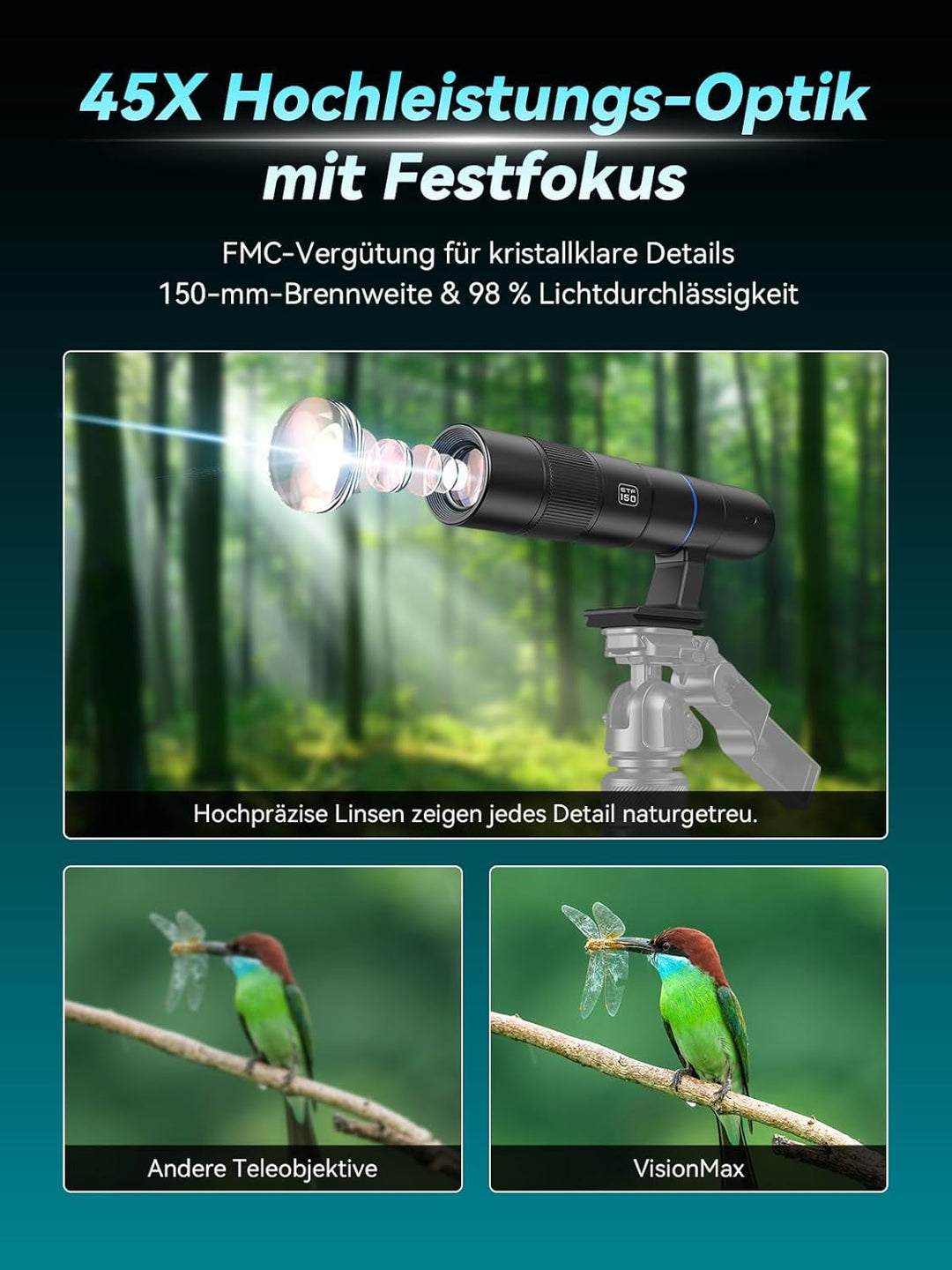 APEXEL 45X Hochleistungs-Objektiv für Smartphones, Digitale Drahtlose Telefonkamera mit APP-Steuerun