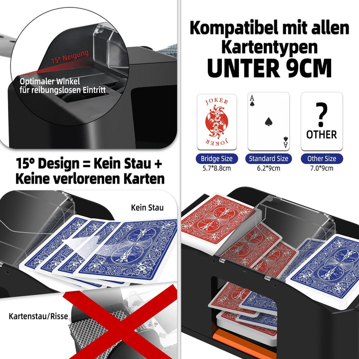 QUICARD Elektrischer Kartenmischer – Geräuscharmer & Wiederaufladbar (2000 mAh) – Mischt 2 Kartensät
