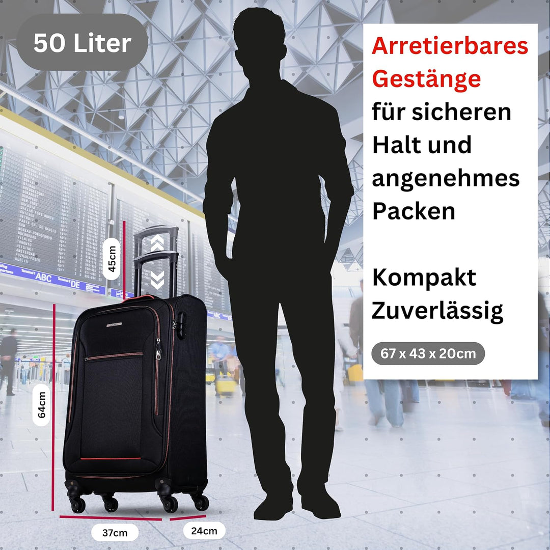 NOWI Sevilla Weichschalen Trolley L – Mittelgrosser Stoff Koffer 50L mit 4 Rollen &amp; Zahlenschloss |