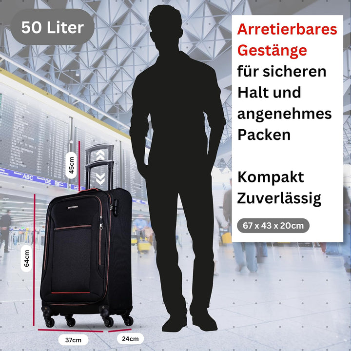 NOWI Sevilla Weichschalen Trolley L – Mittelgrosser Stoff Koffer 50L mit 4 Rollen &amp; Zahlenschloss |