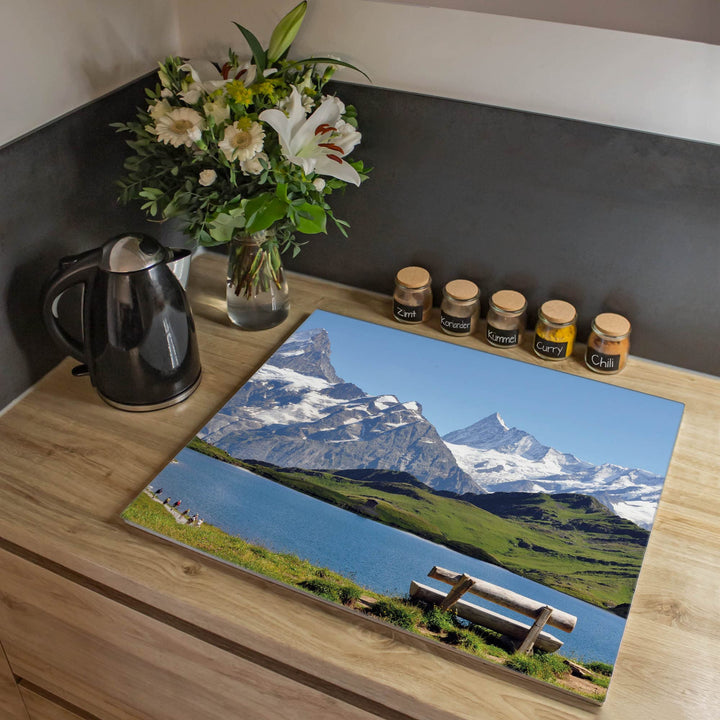 banjado® Herdabdeckplatte Glas 1-teilig 60x52 cm/Schneidebrett Herdabdeckung mit Motiv Alpen/Herdabd