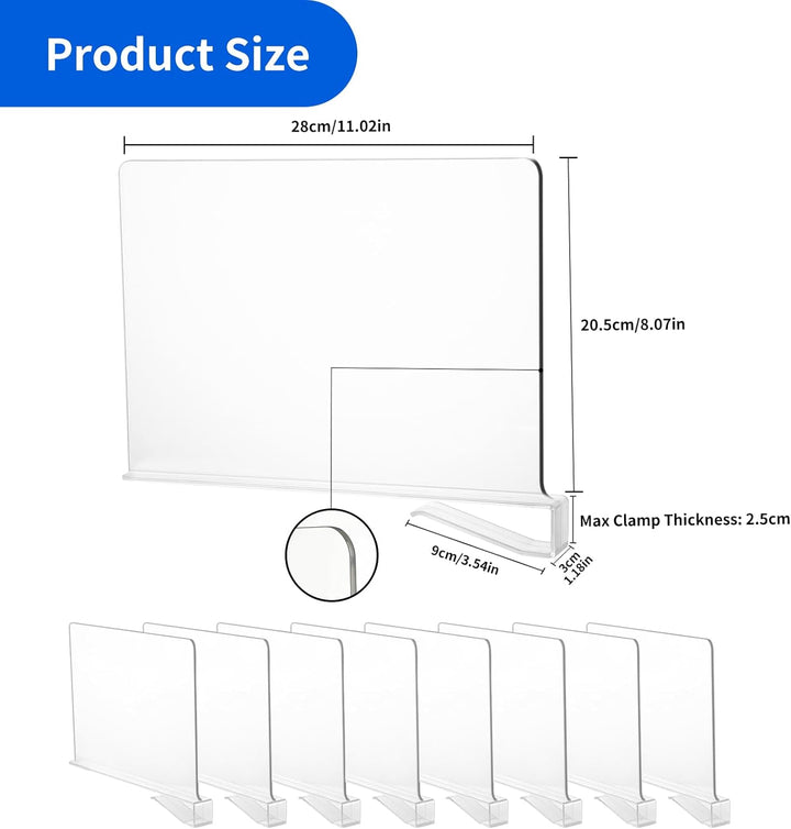 8 Stück Transparente Acryl-Regaltrenner - Multifunktionaler Shelf Divider, 30×20cm, Multifunktionale