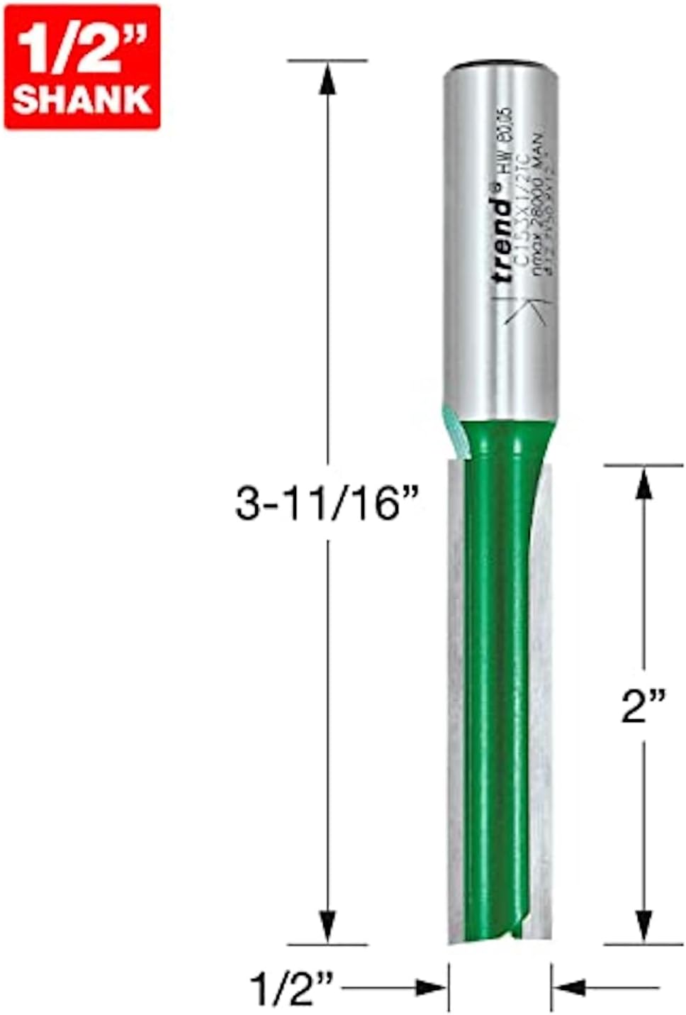 Trend CraftPro Zweischneidiger Spiralnutfräser, 1/2 Zoll Schaft, 12,7 mm Schnittdurchmesser, 50 mm S