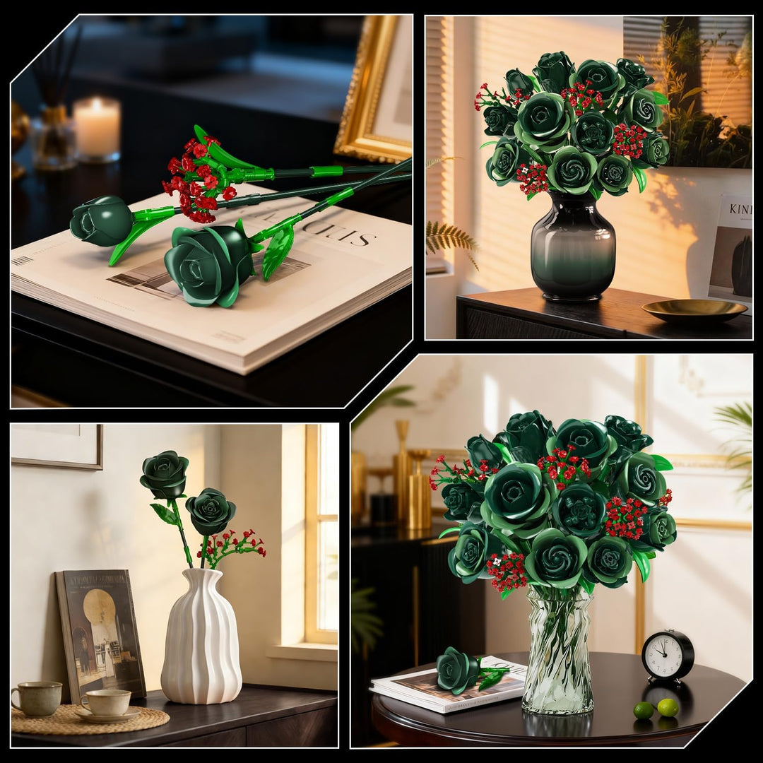 Blumenstrauss Bausatz mit Licht, 16 grüne Rosen botanische Kollektion Bausteine für Erwachsene Mädch