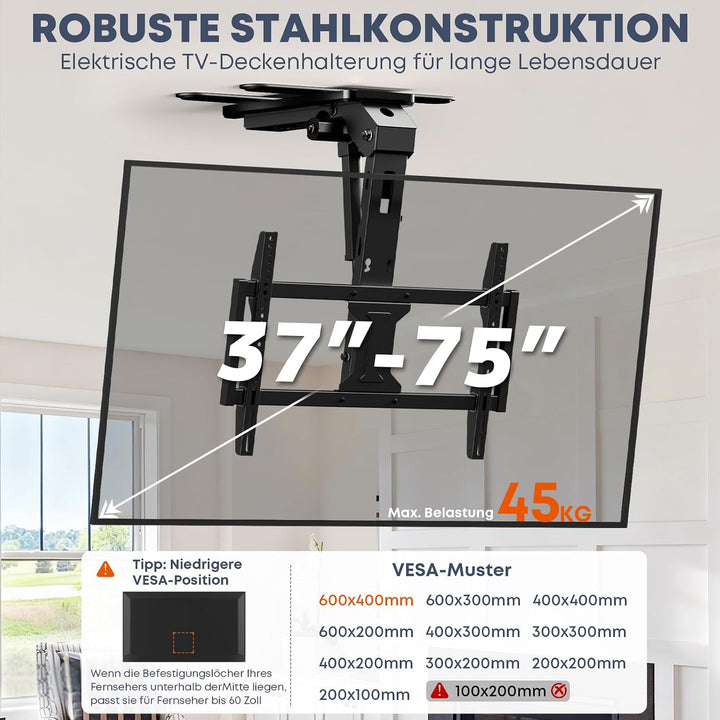 TV-Deckenhalterung Elektrisch für 37-75 Zoll - TV Halterung Decke Elektrisch Klappbar, Neigbar, Mit